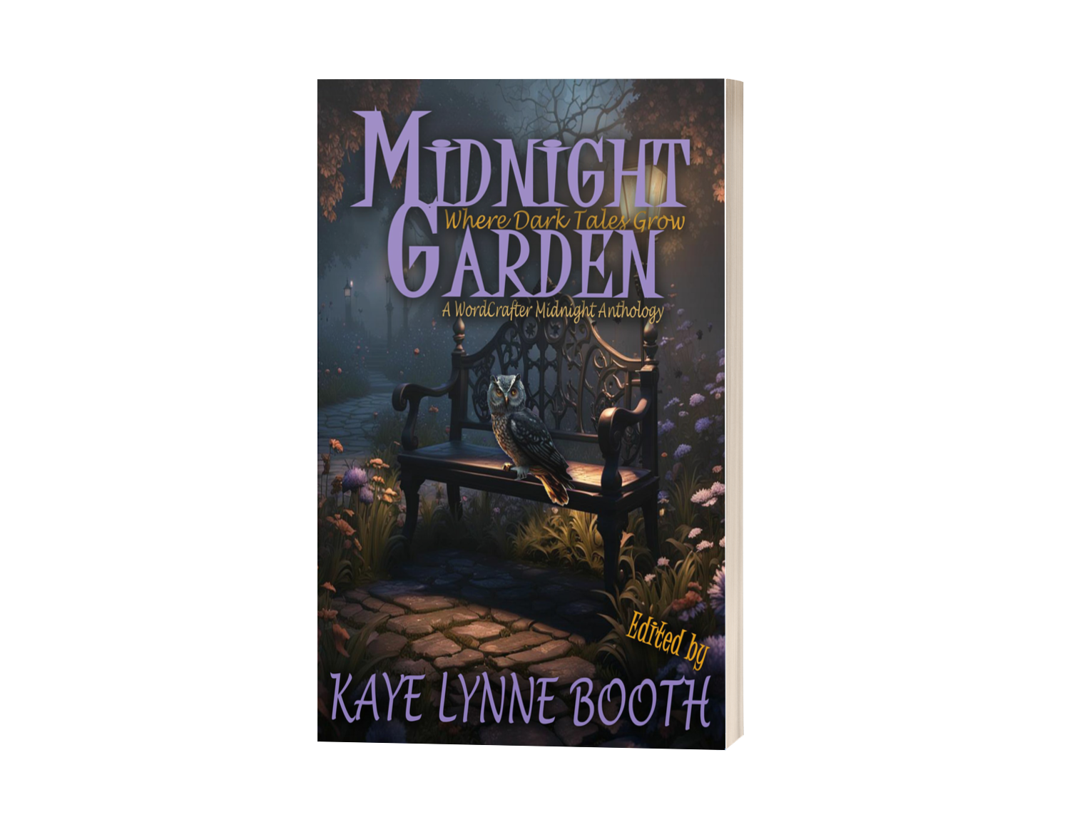 Picture caption: Cover of The Midnight Garden featuring an owl on a bench.